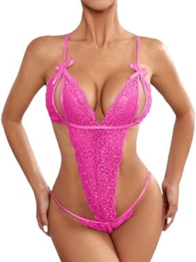 Women’s Pink Lace Thong Bodysuit Teddy Lingerie Size XL